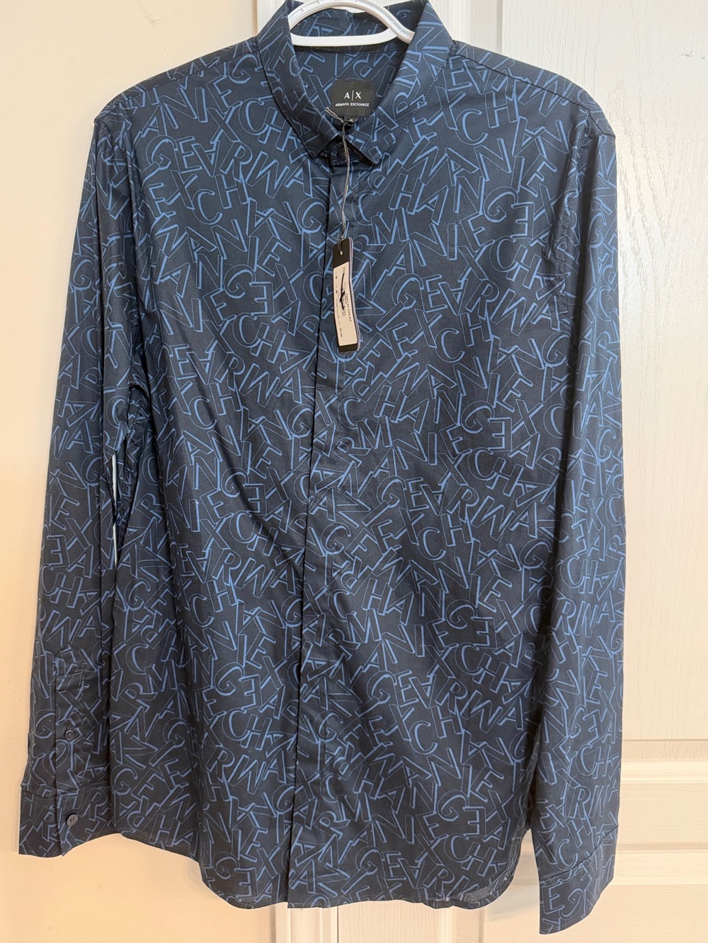 Armani Exchange Navy Blue Button-Down Shirt with Light Blue Logo Print